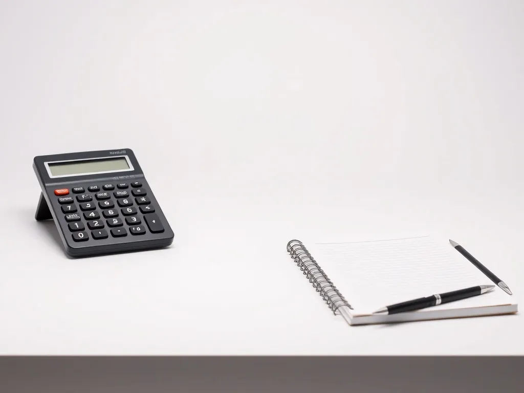 A minimalist professional office desk with a calculator and